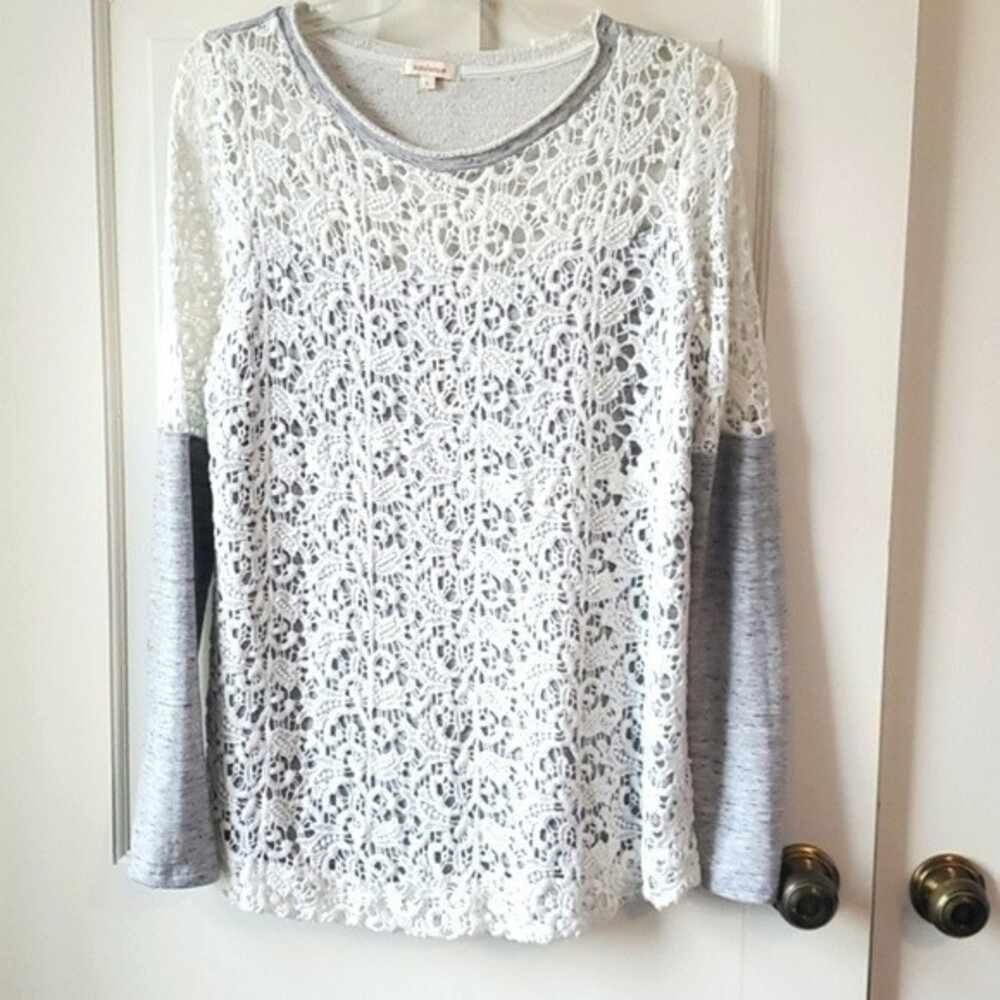 SUNDANCE IVORY OPEN LACE OVERLAY GRAY SWEATSHIRT CREW NECK SLEEVE PULLOVER LARGE